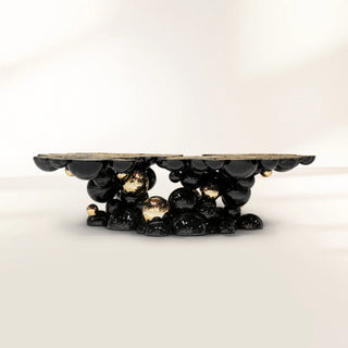 Luxury Sculptural Coffee Table with Gold Sphere Base & Black Glass Top