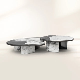 Luxury Calacatta Marble Coffee Table with Black Sculptural Base & Modern Design