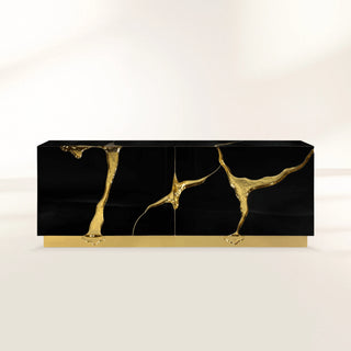 Luxury Black Gold Sideboard Cabinet with Sculptural Cracked Design