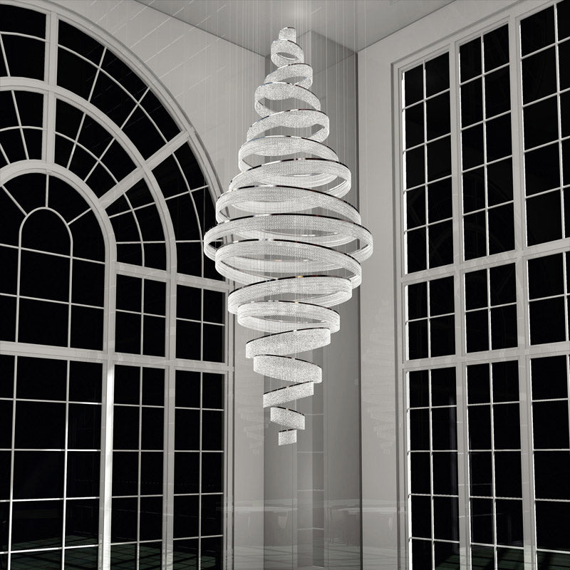 17 Crystal Rings Pendant Light 71X216 Inch Spiral Staircase Chandelier for High Ceilings