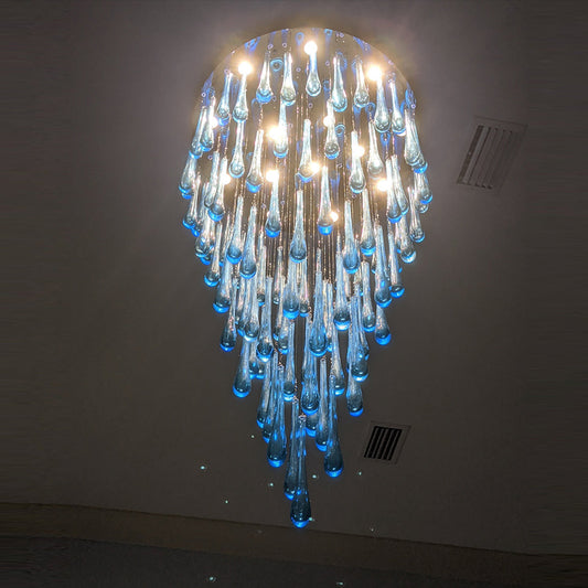 63 Inch Long Staircase Chandelier Modern Blue Teardrop Glass Chandelier for High Ceilings