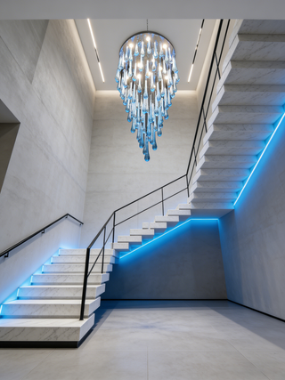 63 Inch Long Staircase Chandelier Modern Blue Teardrop Glass Chandelier for High Ceilings