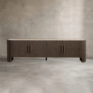 Astor Media Console & Sideboard: Minimalist Reeded Stone-Inlaid Oak Console