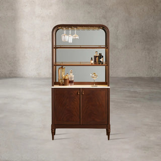 Frances Vintage Figured Mahogany Wood Bar Cabinet with Carrara Marble