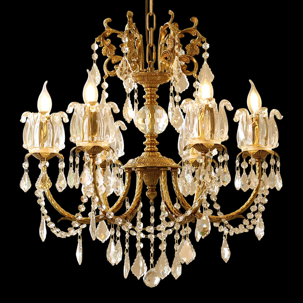 25X26 Inch 6 Lights Candle Style Traditional Chandelier Small Antique Brass and Crystal Chandelier