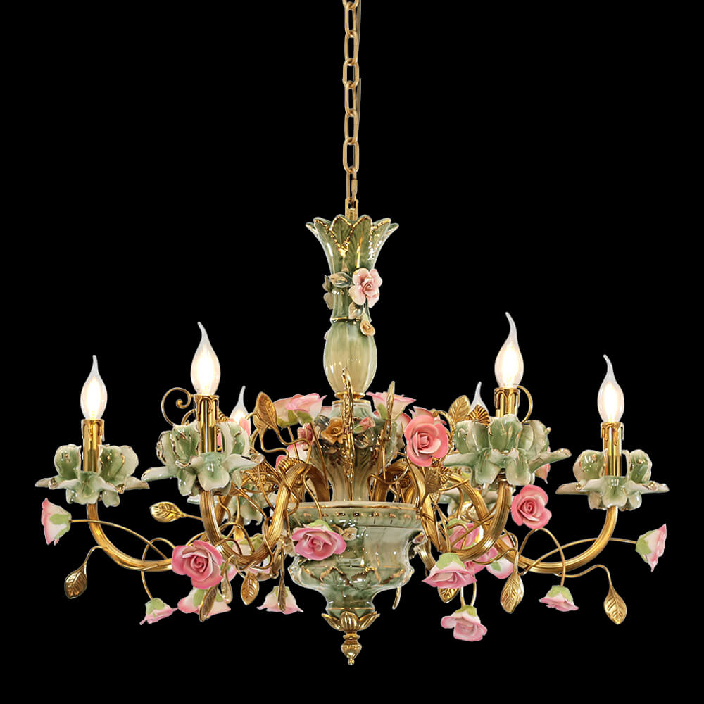 31X24 Inch 6 Lights Brass Chandelier and Green & Pink Porcelain Flower Chandelier