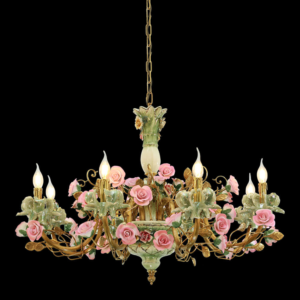 35X24 Inch 8 Lights Brass Chandelier and Green & Pink Porcelain Flower Chandelier