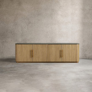 Finley Media Console: Minimalist Fluted Base Stone Top Storage Media Console