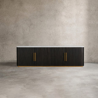 Finley Media Console: Minimalist Fluted Base Stone Top Storage Media Console