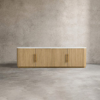 Finley Media Console: Minimalist Fluted Base Stone Top Storage Media Console
