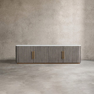 Finley Media Console: Minimalist Fluted Base Stone Top Storage Media Console