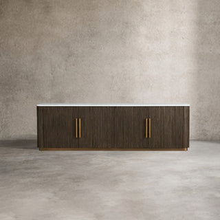 Finley Media Console: Minimalist Fluted Base Stone Top Storage Media Console