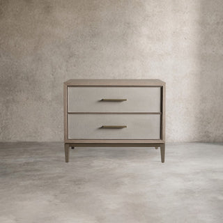 Malone Wood Nightstand: Leather Insets Bedside Drawers Chest Table