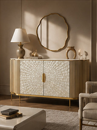 Perla Luxury Slate Top Sideboard: Mother-of-Pearl Door Panel & Gold Living Room Buffet Storage Cabinet
