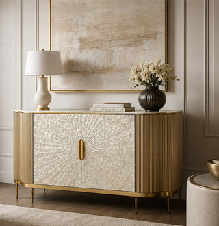 Perla Luxury Slate Top Sideboard: Mother-of-Pearl Door Panel & Gold Living Room Buffet Storage Cabinet