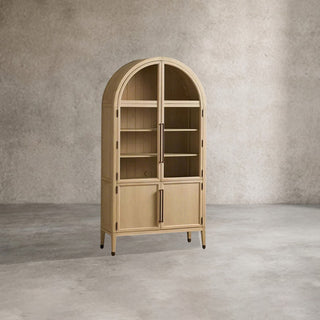Hattie Oak Wood Glass Tall Display Cabinet: Living Room Storage & Decor Cabinet