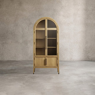 Hattie Oak Wood Glass Tall Display Cabinet: Living Room Storage & Decor Cabinet