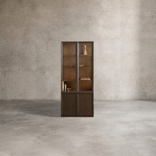 Nason Modular Glass Display Cabinets Oak Wood Tall Cabinets Large Bookcase with Integrated LED Lighting