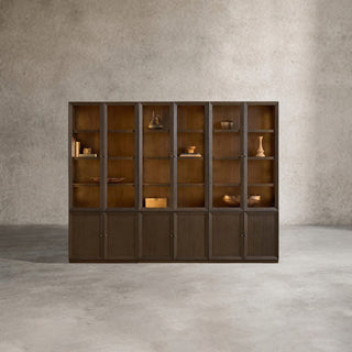 Nason Modular Glass Display Cabinets Oak Wood Tall Cabinets Large Bookcase with Integrated LED Lighting