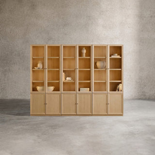 Nason Modular Glass Display Cabinets Oak Wood Tall Cabinets Large Bookcase with Integrated LED Lighting