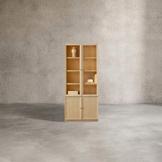 Nason Modular Glass Display Cabinets Oak Wood Tall Cabinets Large Bookcase with Integrated LED Lighting