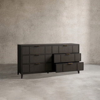 Olina 6-Drawer Dresser Textured Raffia Solid Oak Wood Brass Pulls