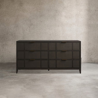 Olina 6-Drawer Dresser Textured Raffia Solid Oak Wood Brass Pulls
