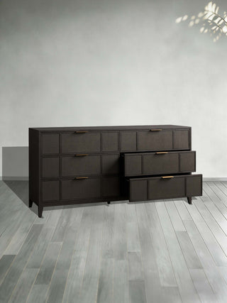 Olina 6-Drawer Dresser Textured Raffia Solid Oak Wood Brass Pulls