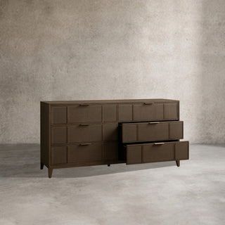 Olina 6-Drawer Dresser Textured Raffia Solid Oak Wood Brass Pulls