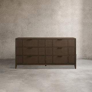 Olina 6-Drawer Dresser Textured Raffia Solid Oak Wood Brass Pulls