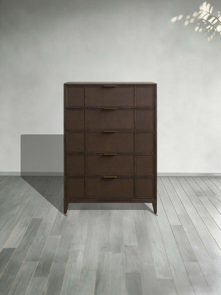 Olina 5-Drawer Dresser Textured Raffia Solid Oak Brass Pulls