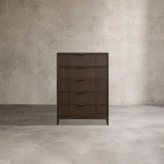 Olina 5-Drawer Dresser Textured Raffia Solid Oak Brass Pulls