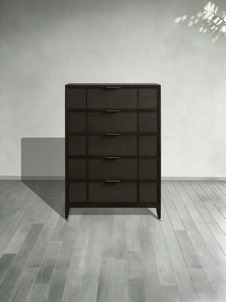 Olina 5-Drawer Dresser Textured Raffia Solid Oak Brass Pulls