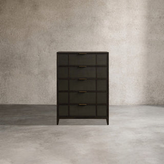 Olina 5-Drawer Dresser Textured Raffia Solid Oak Brass Pulls
