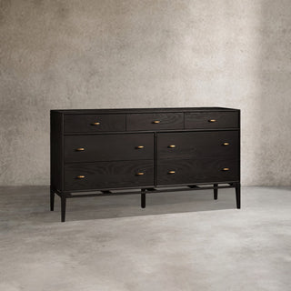 Brock 7-Drawer Wide Dresser Solid Ash Wood Brushed Brass Hardware