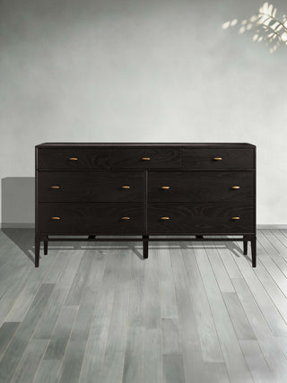 Brock 7-Drawer Wide Dresser Solid Ash Wood Brushed Brass Hardware