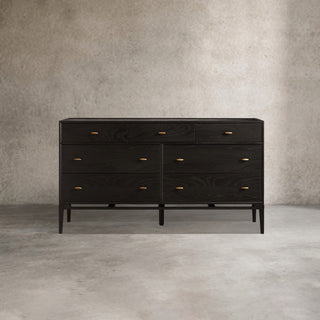 Brock 7-Drawer Wide Dresser Solid Ash Wood Brushed Brass Hardware