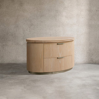 Caden Wood Oval Nightstand 2-Drawer Soft-Close Glides Pewter Hardware