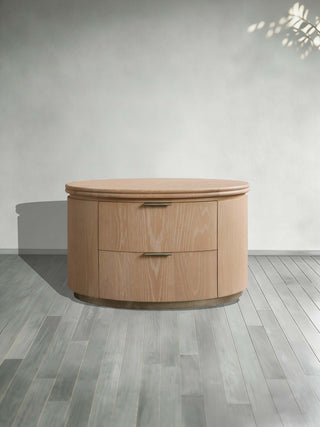 Caden Wood Oval Nightstand 2-Drawer Soft-Close Glides Pewter Hardware