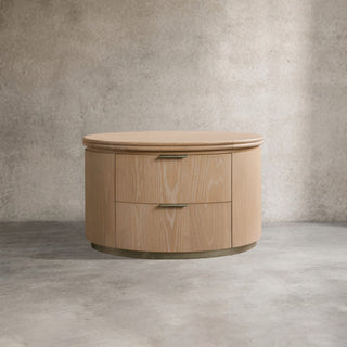 Caden Wood Oval Nightstand 2-Drawer Soft-Close Glides Pewter Hardware