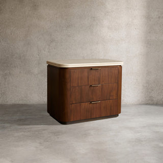 Caden 3-Drawer Nightstand Stone Top Walnut Veneer Antique Bronze Hardware