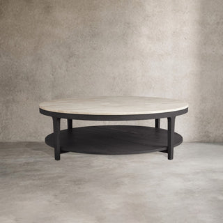 Danny Round Marble Top Coffee Table Oak Wood Base Cocktail Table Living Room Center Tea Table