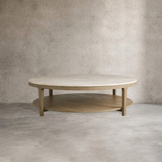 Danny Round Marble Top Coffee Table Oak Wood Base Cocktail Table Living Room Center Tea Table