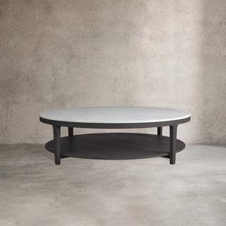 Danny Round Marble Top Coffee Table Oak Wood Base Cocktail Table Living Room Center Tea Table