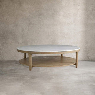 Danny Round Marble Top Coffee Table Oak Wood Base Cocktail Table Living Room Center Tea Table
