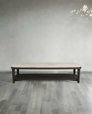 Danny Marble Top Coffee Table: Oak Wood Rectangle Living Room Center Cocktail & Tea Table