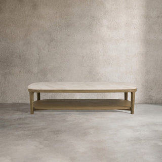 Danny Marble Top Coffee Table: Oak Wood Rectangle Living Room Center Cocktail & Tea Table