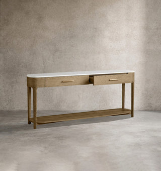 Danny Oak Wood Console Table | Marble Top Entryway Hallway Storage Cabinet