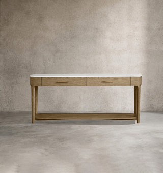 Danny Oak Wood Console Table | Marble Top Entryway Hallway Storage Cabinet