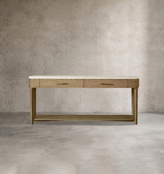 Danny Oak Wood Console Table | Marble Top Entryway Hallway Storage Cabinet